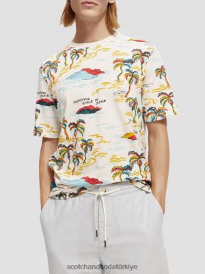 Scotch & Soda Türkiye | Scotch & Soda Baskılı Crewneck T-Shirt erkekler F4B4N412 Beyaz Palmtree Adası Aop