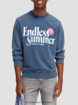 Scotch & Soda Türkiye | Scotch & Soda Düzenli uygun giysi boyalı grafik mürettebat sweatshirt erkekler F4B4N539 deniz