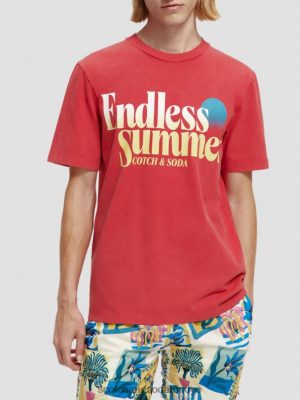 Scotch & Soda Türkiye | Scotch & Soda Düzenli uygun giysi boyalı sanat eseri tişört erkekler F4B4N357 lale kırmızısı