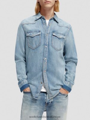 Scotch & Soda Türkiye | Scotch & Soda Düzenli uyum onarılmış denim batı gömleği erkekler F4B4N303 yıkanmış çivit