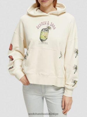 Scotch & Soda Türkiye | Scotch & Soda Gevşek Fit Artwork Hoodie kadınlar F4B4N216 vanilya beyaz