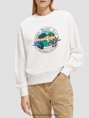 Scotch & Soda Türkiye | Scotch & Soda Gevşek Grafik Crewneck Sweatshirt kadınlar F4B4N217 beyaz
