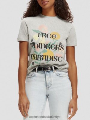 Scotch & Soda Türkiye | Scotch & Soda Rahat Fit Artwork Organik Pamuk T-Shirt kadınlar F4B4N82 gri melanj