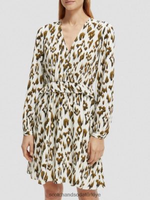 Scotch & Soda Türkiye | Scotch & Soda Uzun kollu baskılı v yaka mini elbise kadınlar F4B4N27 fırçalanmış Ikat ordu yeşili