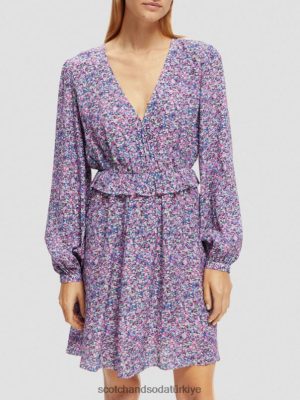 Scotch & Soda Türkiye | Scotch & Soda Uzun kollu baskılı v yaka mini elbise kadınlar F4B4N29 Rosaria Mor