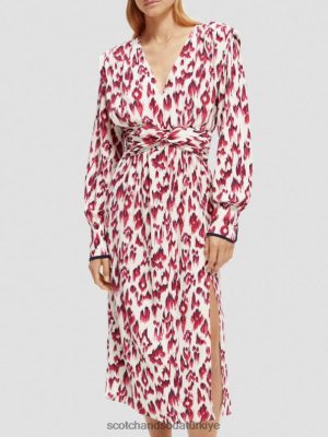 Scotch & Soda Türkiye | Scotch & Soda Uzun kollu kuşaklı v yakalı midi elbise kadınlar F4B4N38 fırçalanmış ikat kiraz turtası