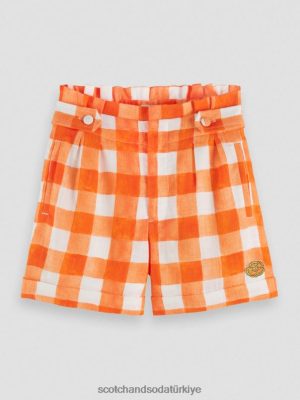 Scotch & Soda Türkiye | Scotch & Soda Yüksek katlı geniş bacak şortları kontrol etti çocuk F4B4N768 Papaya Bistro Kontrolü
