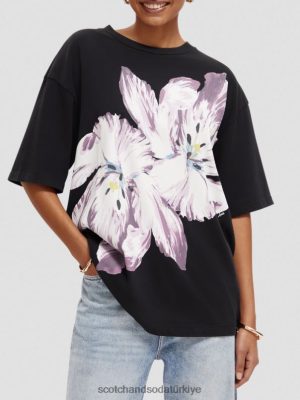 Scotch & Soda Türkiye | Scotch & Soda büyük boy çiçek sanat eseri organik tişört kadınlar F4B4N66 Lale ikiz siyah oniks