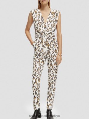 Scotch & Soda Türkiye | Scotch & Soda kuşaklı v yaka tulum kadınlar F4B4N15 fırçalanmış Ikat ordu yeşili